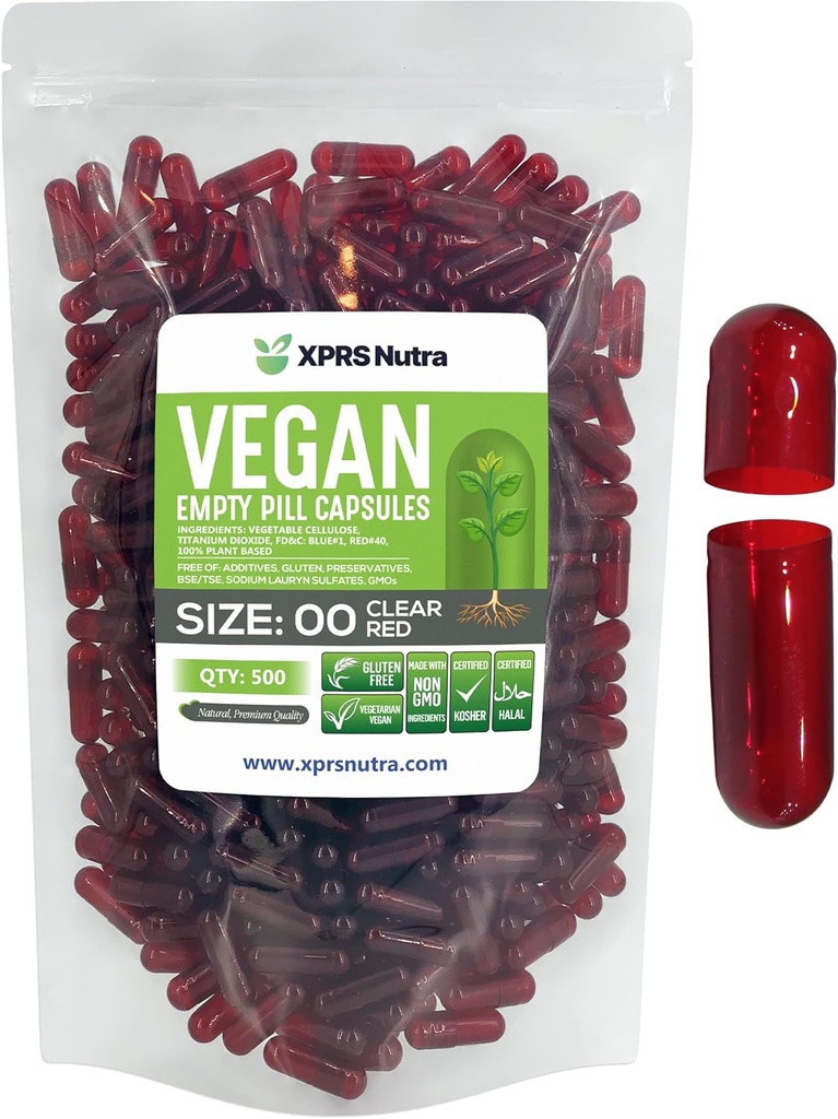 XPRS Nutra Size 00 Empty Capsules - 500 Count Empty Vegan Capsule - Pillole Vuoto Vegetariano - DIY Capsule Vegetali Filling- Veggie Pill Caps (Clear Red)