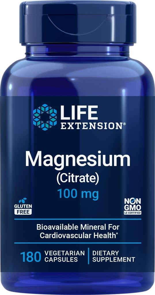 Life Extension Magnesium Citrate 100mg, 180 Veg Caps - Natural Mag Supplement - 100 mg Mineral Support Kapseln - Vegan, Vegetarisch, Non-GMO