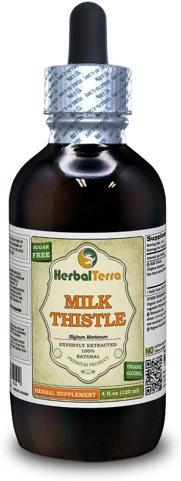 Thistle de lait (Silybum Marianum) Teinture, graines séchées organiques Extrait liquide (Marque: HerbalTerra, Fièrement fabriqué aux États-Unis) 4 fl.oz (120 ml)