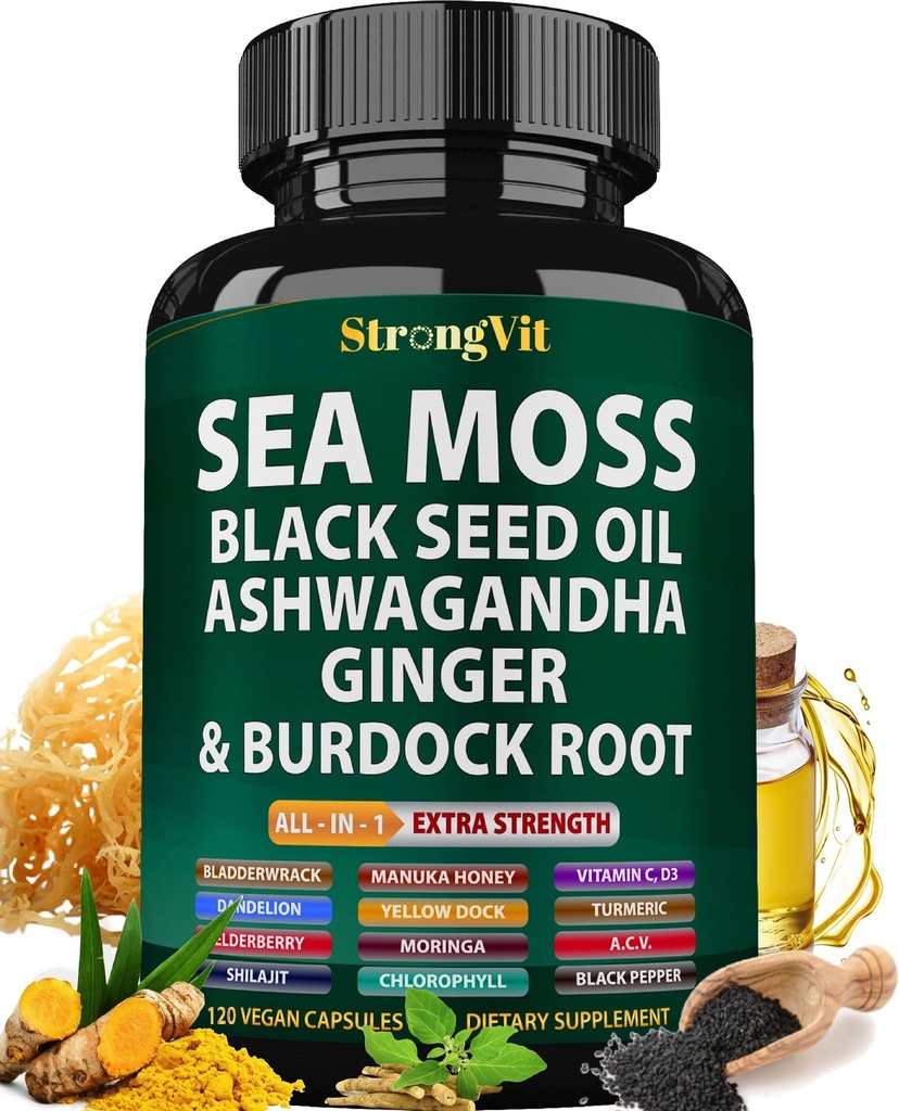 Sea Moss Black Seed Oil Ashwagandha Ginger, Organic Sea Moss Capsule con Burdock Root, Irish Seamoss Pills with Bladderwrack, Turmeric, Shilajit, Multimineral Supplement, USA (120 capsule)