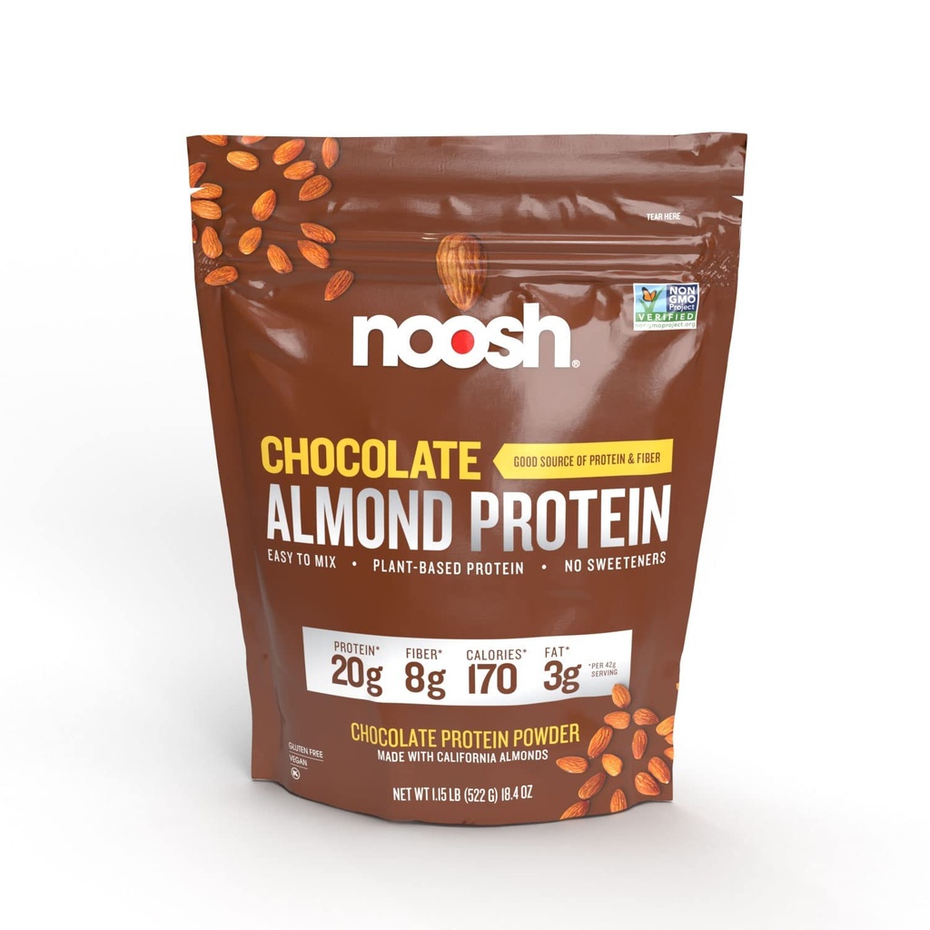 NOOSH Pflanzenbasis Mandelprotein Pulver Schokolade 43 Gramm - Vegan Protein Pulver, Alle natürlichen Inhaltsstoffe, Non-GMO, Glutenfrei, Kosher, Peanut Free, Soy Free, Dairy Free (Chocolate)