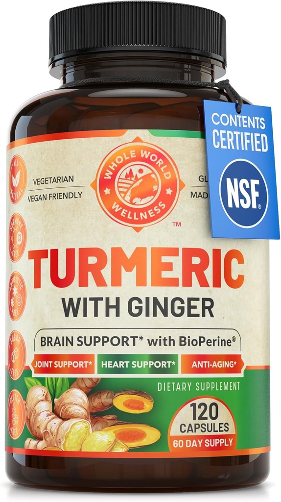 Bio Turmeric Curcumin mit Ginger & Black Pepper, 2 Monate Versorgung. Unterstützt Herzgesundheit, Gehirngesundheit und Gelenkgesundheit. Max Absorption Turmeric Supplement. NSF Certified, Made in USA. 120 Kapseln.