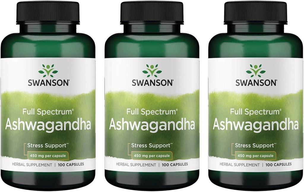 Swanson Ashwagandha Supplément en poudre-Ashwagandha Racine Promouvoir le stress et le soutien énergétique- Supplément ayurvédique pour le bien-être naturel (100 Capsules, 450mg Chaque) 3 Pack