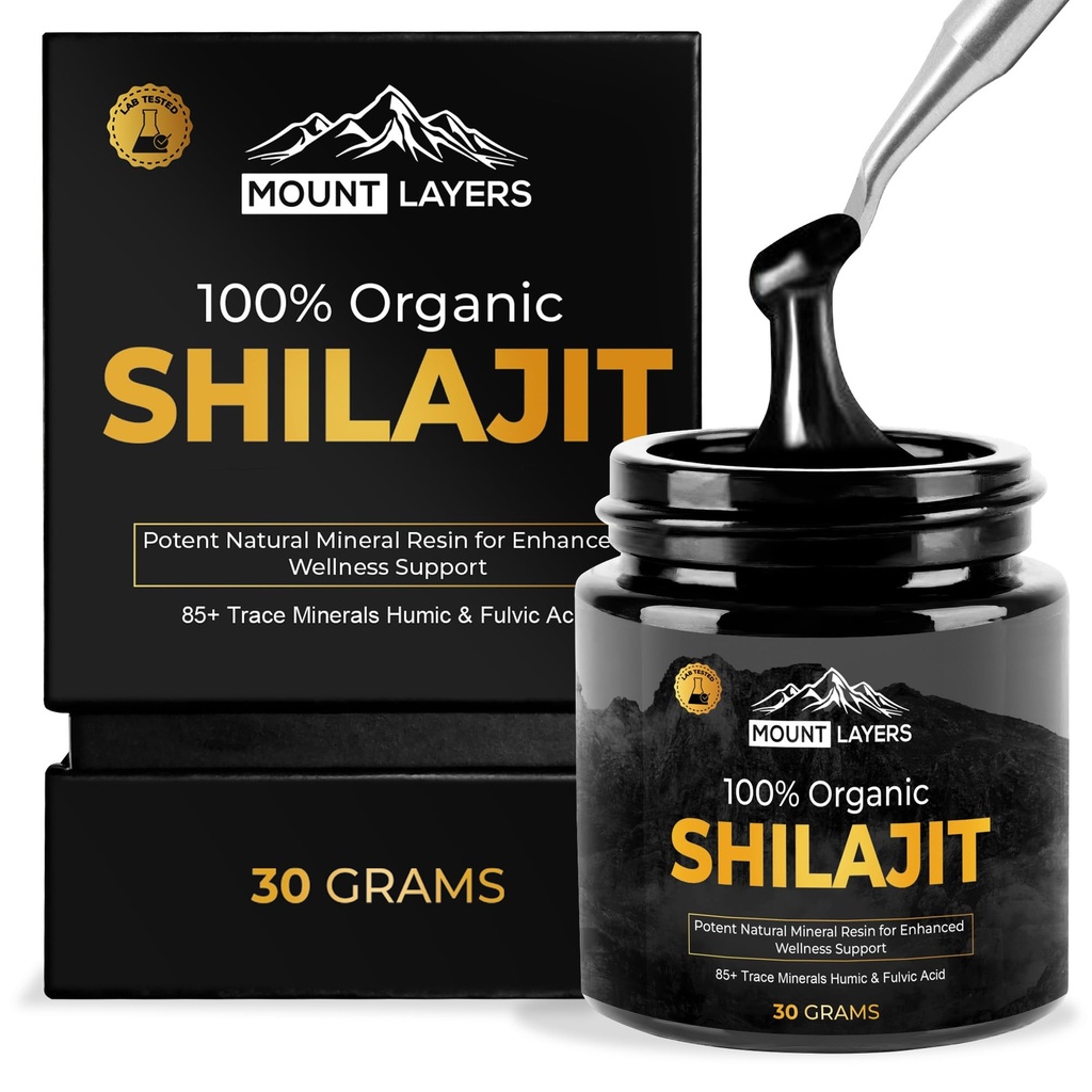 Pure Shilajit Resin mit Fulvic Acid - Himalaya Shilajit für Männer & Frauen mit 85+ Trace Minerals - Unterstützt Stoffwechsel - Knochengesundheit und Immunsystem - 500mg - 60 Servietten - 30g Jar