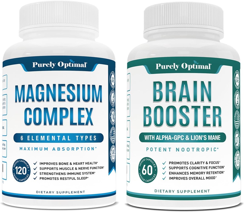 Magnesio Complesso Supplemento - Citrato, Malato, Taurate, Ossido, Bisglycinate Chelato, Aspartate + Brain Supplement - Nootropic Brain Booster for Focus, Clarity, Memoria migliorata, Concentrazione