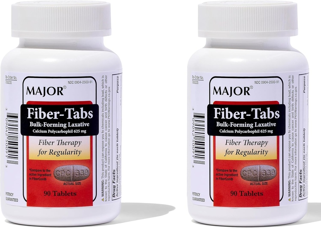 MAJOR Fibre-Tabs 625 Mg Comprimés - Thérapie en fibre pour la régularité - Soulagement de constipation occasionnelle pour les adultes - 90 Compte (2 Pack)