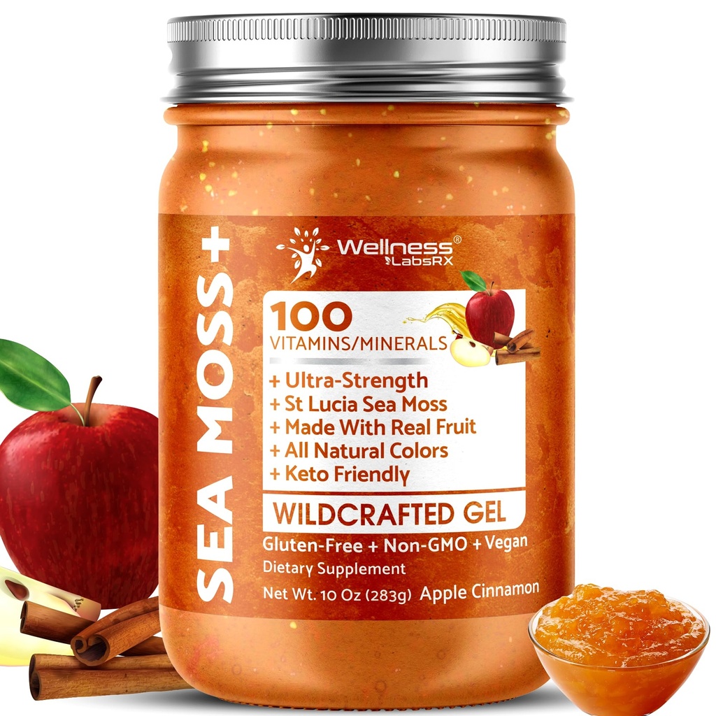 Irish Sea Moss Gel Raw - Wildcrafted Superfood Seamoss Gel - Apple Cinnamon Flavor, Vitamin und Mineral-Rich aus Pristine Caribbean Waters, Immun- und Verdauungshilfe - 10 Unze