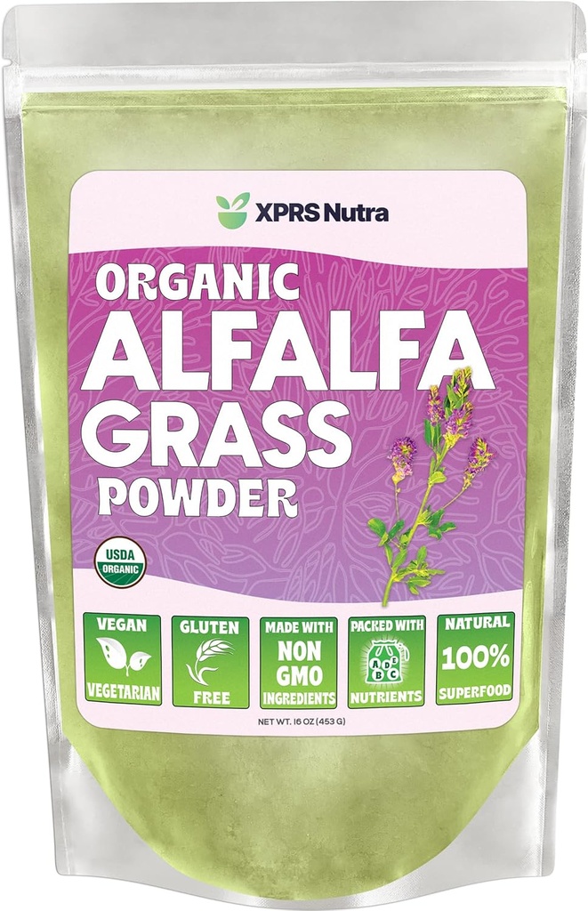 XPRS Nutra Organic Alfalfa Powder - Premium Vegan Supplement Reich an Calcium, Antioxidantien, Vitamine - Farmer Supplement für Kinder und Erwachsene - Vegan freundlich Alfalfa Blatt (16 Unze)