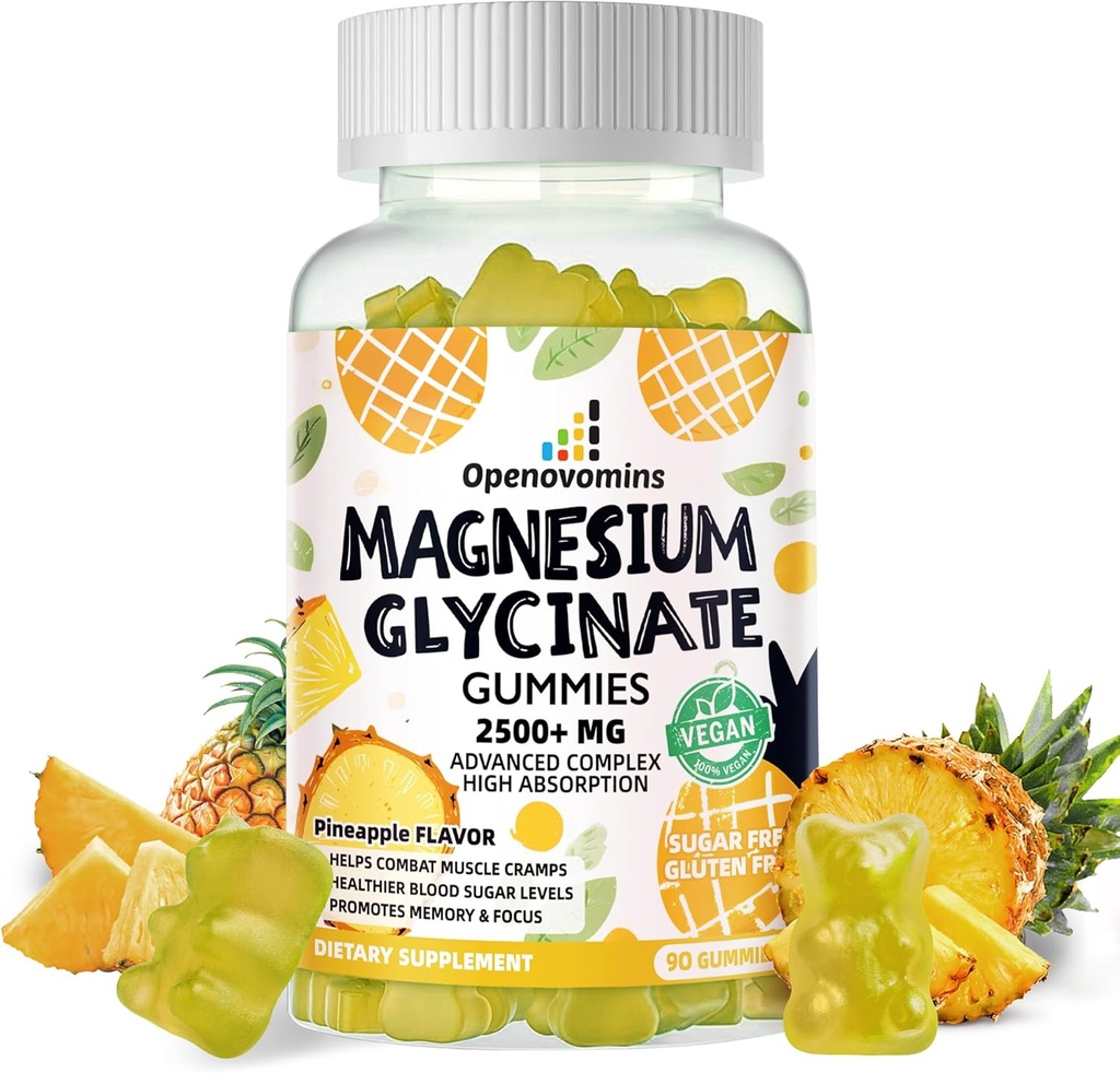 Magnesio Glycinate Gummies 2500mg - Zucchero Gratuito Magnesio Supplemento di Potassio con Vitamina D, B6, CoQ10 per Calma Mood & Sleep Support - 90 Ananas Gummies