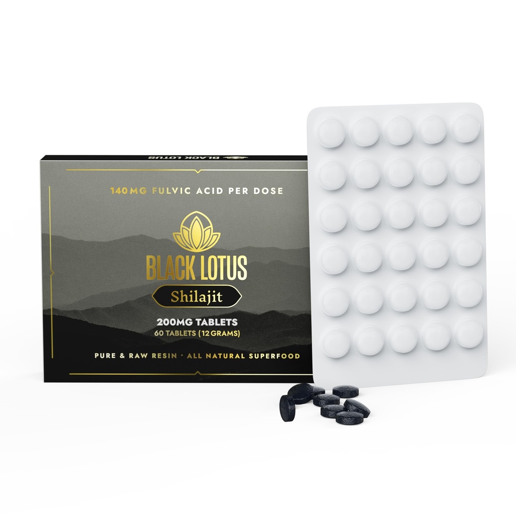 Schwarz Lotus Shilajit Resin Tabletten, 60 Count, 200mg Jedes, 100% reine natürliche Shilajit für Männer und Frauen mit Aminosäuren, 140mg Fulvic Acid, 85 Ionic Trace Minerals, für Immununterstützung, Fokus, Energie