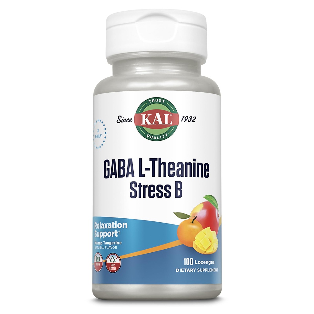 KAL GABA L-teanina Stress B Lozenge, B Complex Vitamin Supplement, Rilassamento sano, Mood & Focus Support, Natural Mango Tangerine Flavor, Vegan, 50 Servings, 100 Lozenges