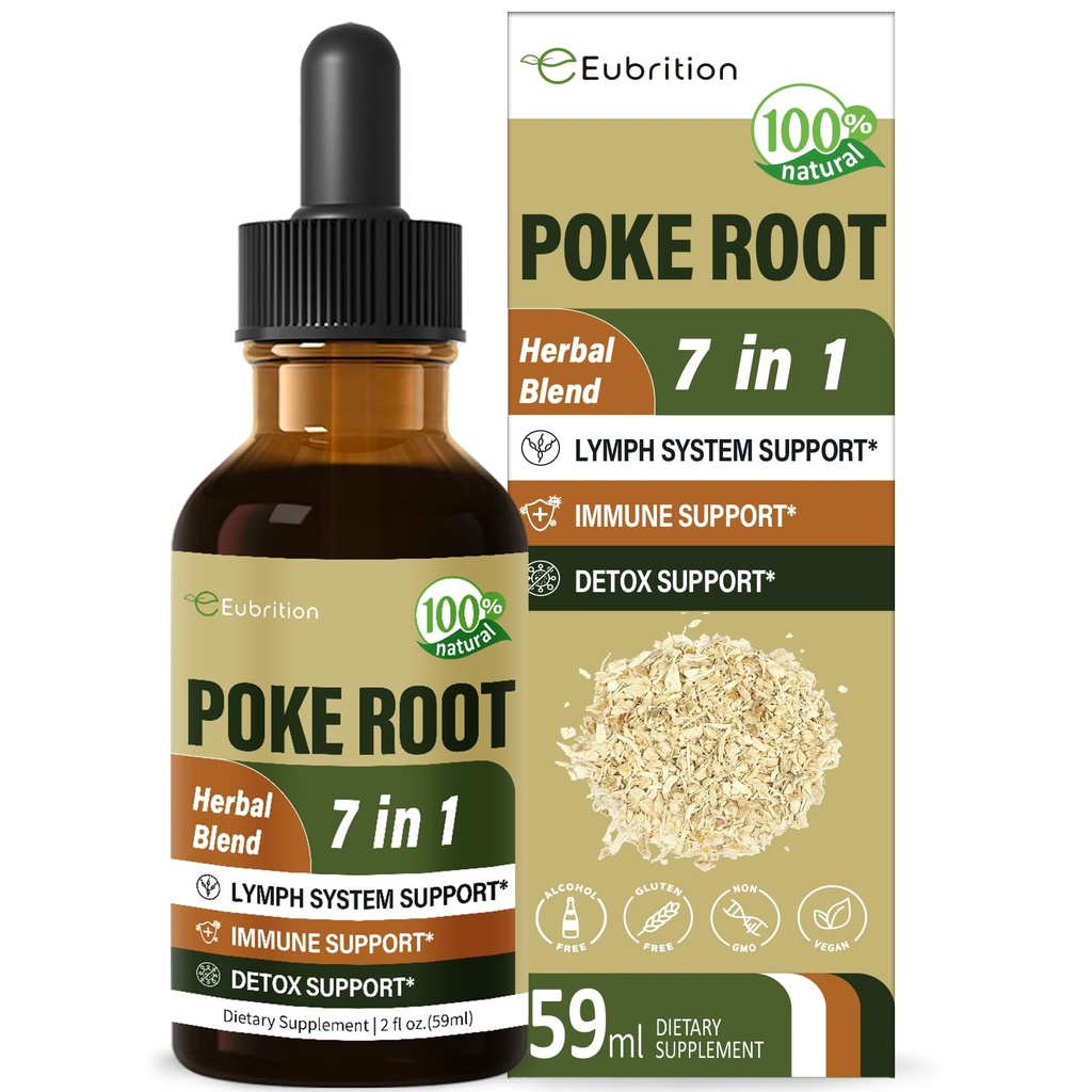 Des gouttes de racine de poke pour le support du système lymphatique, supplément de drainage lymphatique pour le lymphœdème, 7 en 1 formule avec extrait de seaux d'or pour le support immunitaire, Dandelion pour la désintoxication et le nettoyage. 2 oz