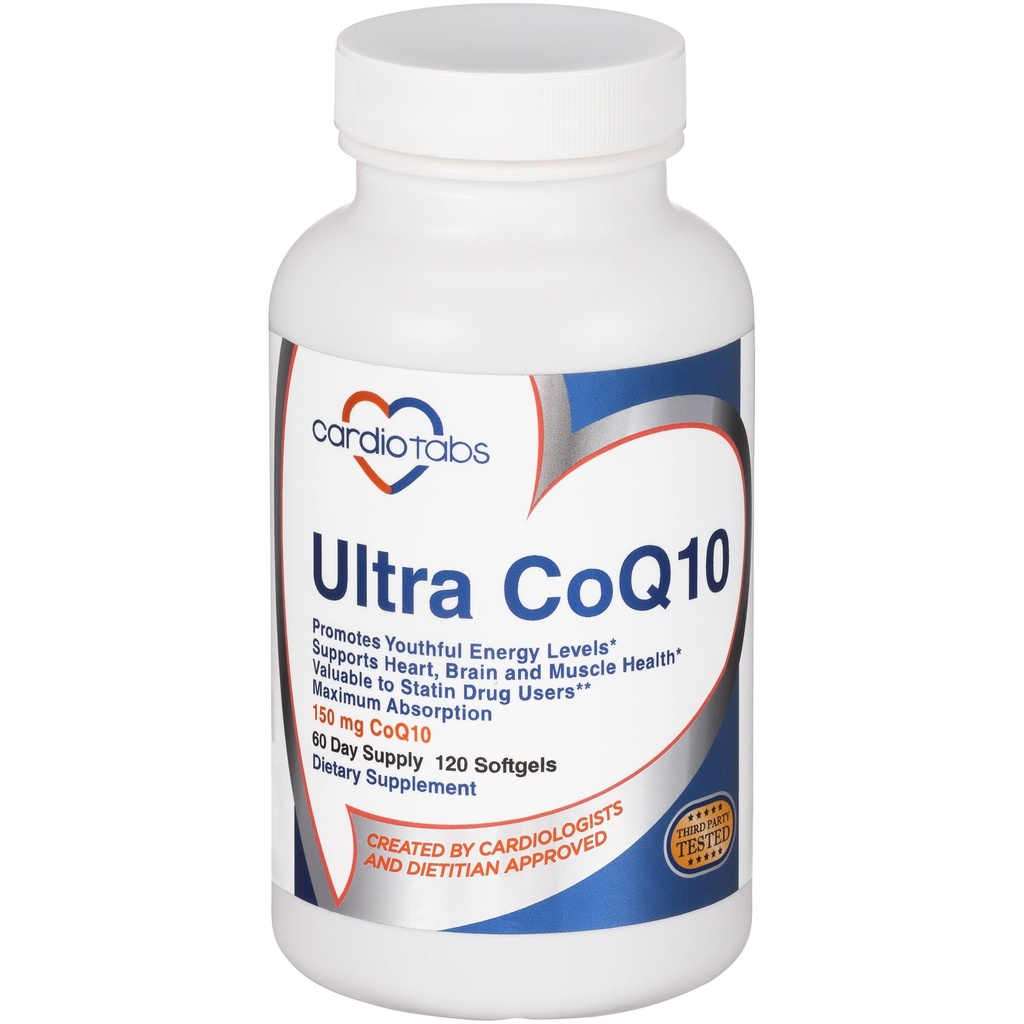 Ultra CoQ10 Supplément Coenzyme pour Cardio Health, 150 mg de CoQ10 - Ubiquinone - Par 2 Softgels avec huile de carthame et tocophérols, 6X Meilleure absorption pour la santé cérébrale et musculaire, 120 Softgels