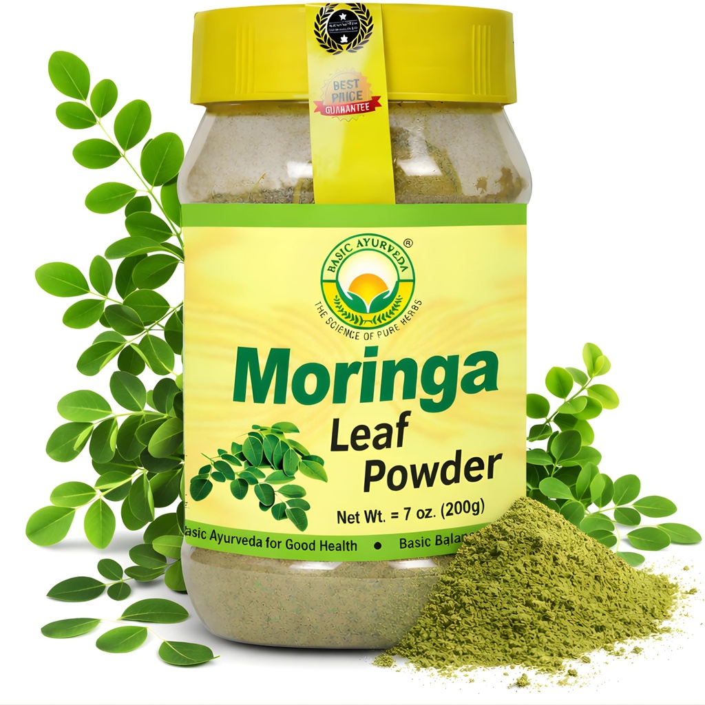 BASIC AYURVEDA Moringa Leaf Powder | 7.05 Oz (200g) | Rich in Antioxidants | Vegan, Non-GMO & Dried Green Superfood | Facile da usare in Smoothies, Herbal Teas, Drinks & Cooking