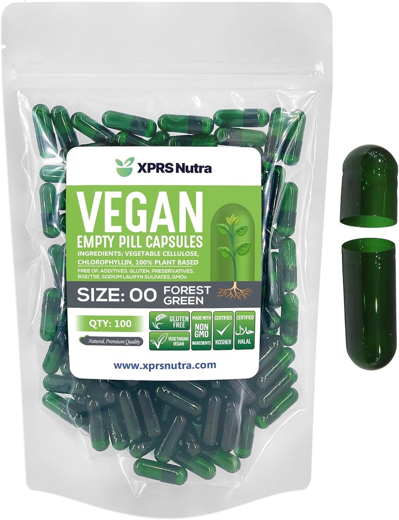 XPRS Nutra Taille 00 Capsules vides - 100 Compte Capsules vides de végétalien - Pilules vides végétariennes - Bricolage Gélule végétale Remplissage- Caps de pilules végétariennes (vert forestier)
