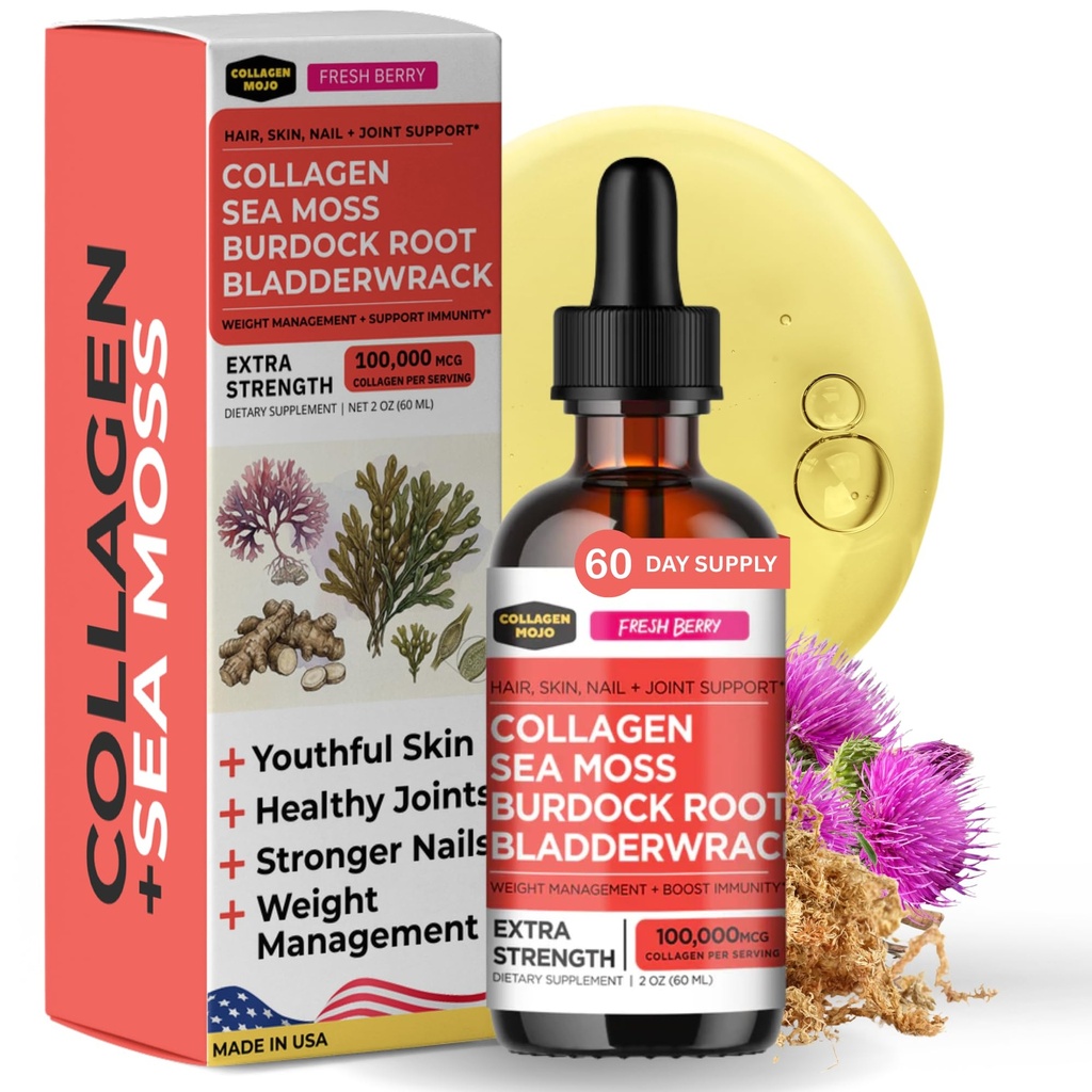 Collagen Mojo - Collage liquido per donne e uomini, Peptidi di collagene con Moss di mare, Radice di Burdock & Bladderwrack - Capelli, Pelle, Unghie, Supporto congiunto, Gestione del peso, Alta assorbimento - 100.000mcg, 2 Oz
