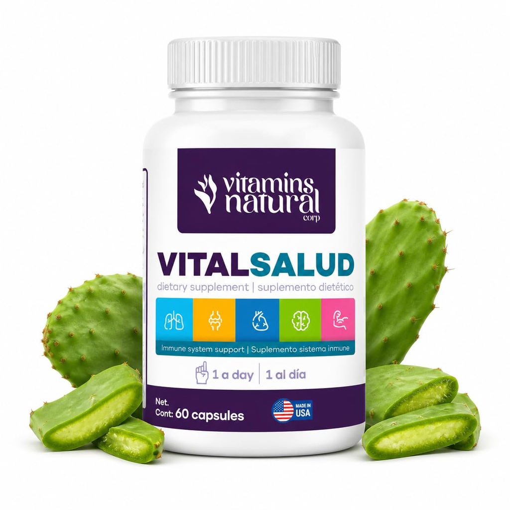 VITAMINS NATURAL CORP-Vital Salud Plus-Organic Immune System Support Complement avec Nopal Cactus, L-Carnitine Base-Supporte la santé osseuse, réduit les veines varices, améliorer l'apparence de la peau (60 capsules)