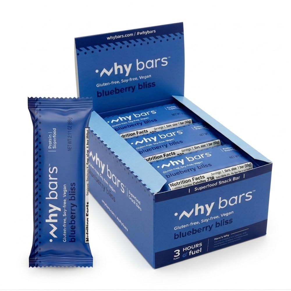 Pourquoi Barres, Barres de protéines, Blueberry Bliss, 2.04 Barres d'Once (paquet de 12 Barres de protéines) - Barre de protéines Superfood, sans gluten, sans OGM, biologique, végétalien, ingrédients simples