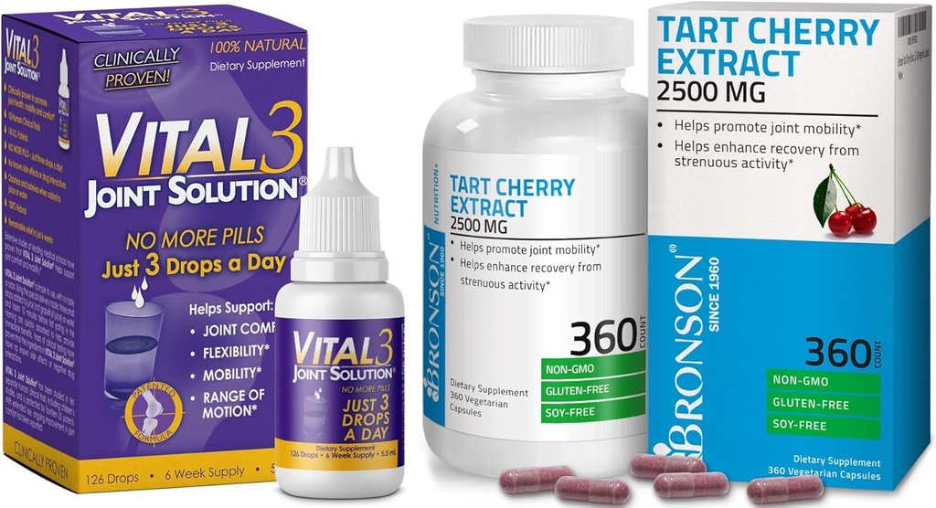 Vital 3 Joint Solution® clinicamente comprovato supplemento di sollievo del ginocchio liquido + Estratto di ciliegia del brosone del Tart 2500 mg