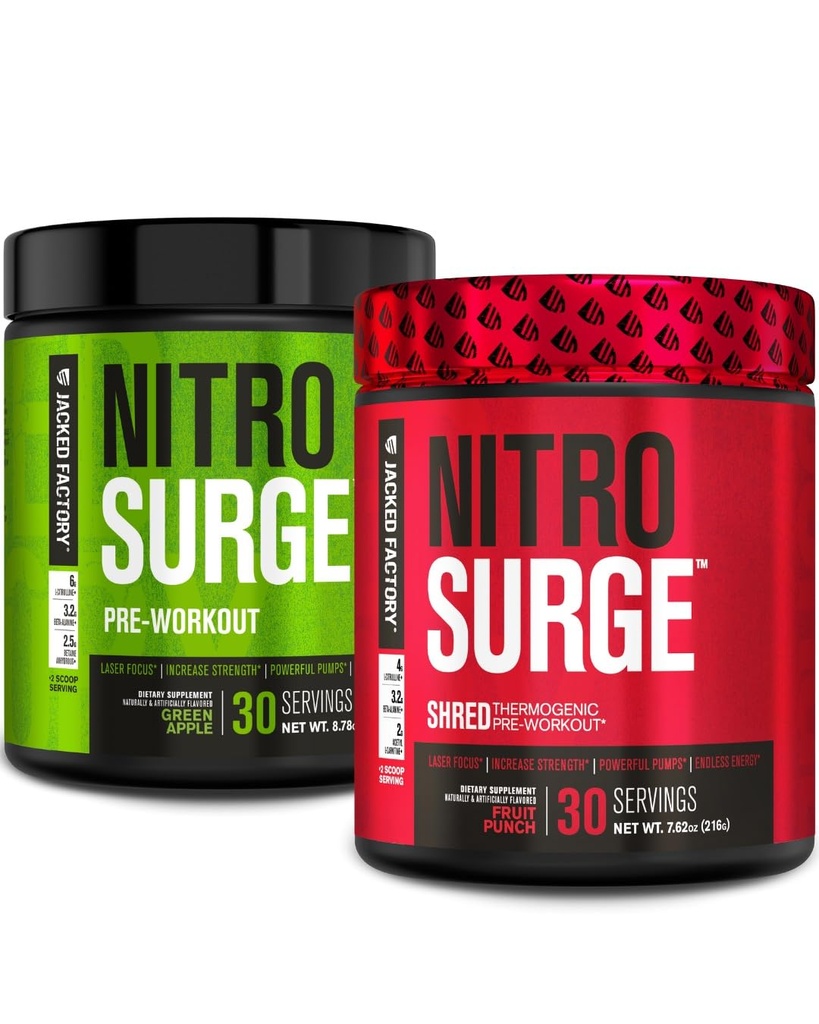 Jacked Factory Nitrosurge PreWorkout in Green Apple & Fruit Punch Nitrosurge Shred Thermogenic PreWorkout für Männer & Frauen