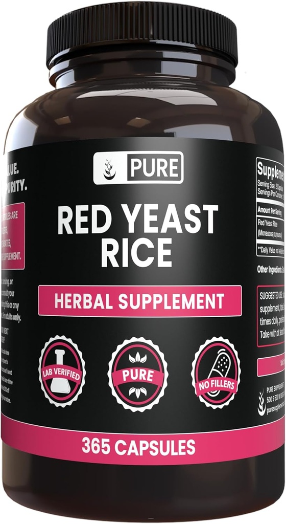 Ingrédients originaux purs Riz de levure rouge Pas de magnésium ou de farine de riz, Toujours pur, Verifié en laboratoire (365 capsules)