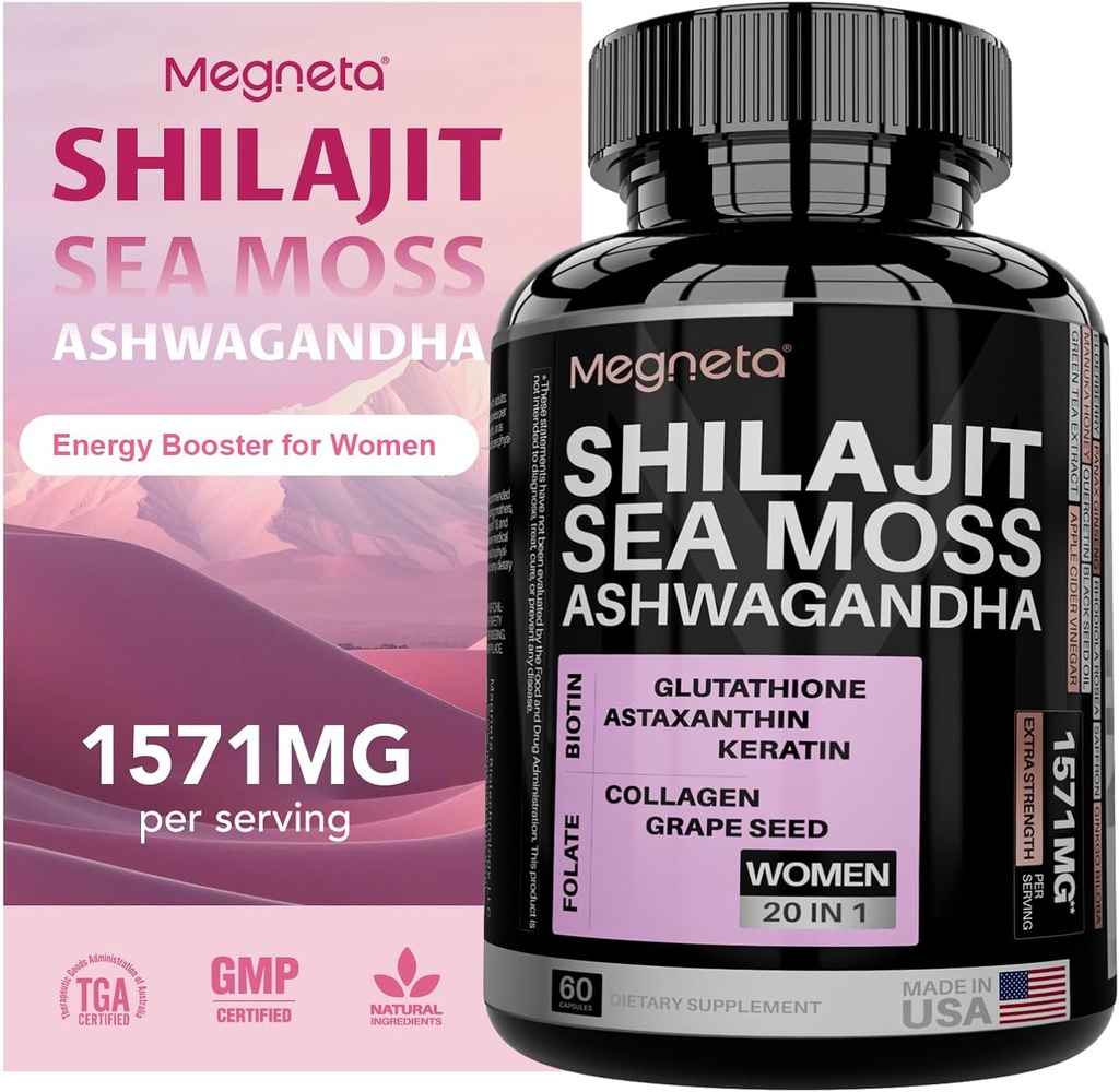 All-in-One Sea Moss, Shilajit, Ashwagandha & Glutathione Ergänzung für Frauen, Boosts Energy, 60 Kapseln