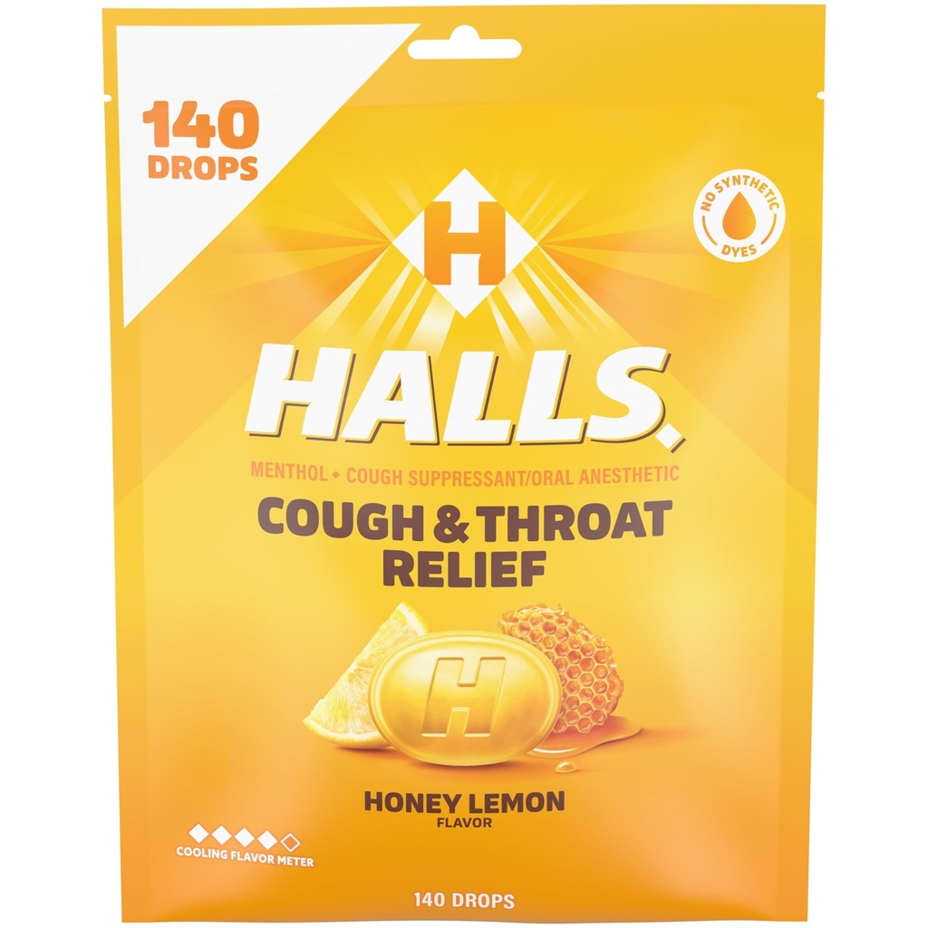 Halls Relief Honey Lemon Cough Drops, Value Pack, 140 gouttes