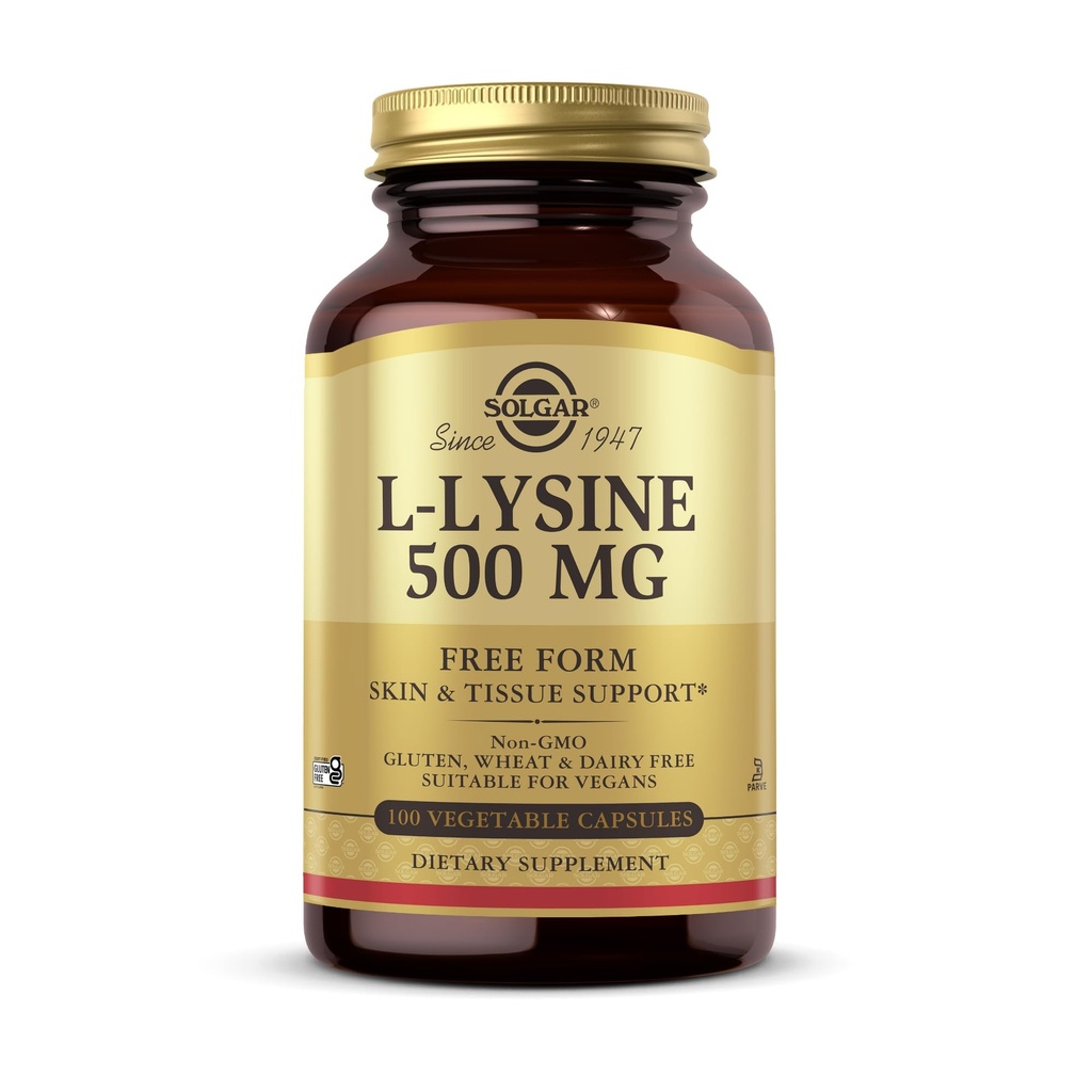 Solgar L-Lysine 500 mg - 100 Gemüsekapseln - Haut- & Gewebe-Unterstützung - Non-GMO, Vegan, Kosher, Glutenfrei - 100 Portionen