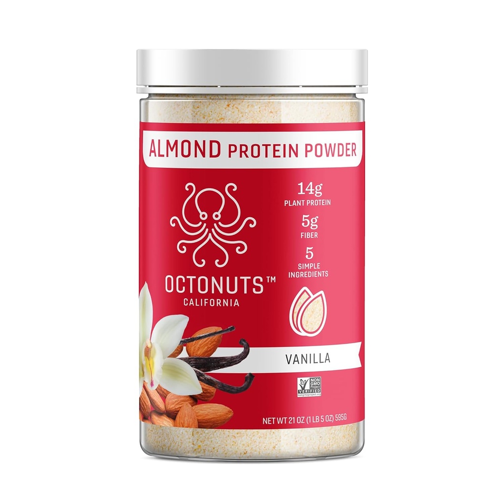 Octonuts Vanilla Almond Protein Powder 21oz – Pflanzenbasiertes Veganprotein – Clean Low Carb Blend mit 14g Protein, 5g Fiber – Keto, Paleo, Glutenfrei, Non-Dairy – Ideal für Shakes, Smoothies oder Baking