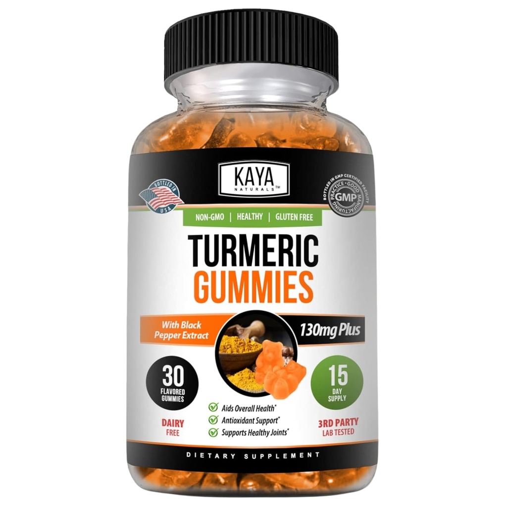 Kaya Naturals Turmeric Integratori Gummies - Curcumina pura della natura - Gummie di zenzero curcuma - 30 Conte Gummy - Turmerico con estratto di pepe nero