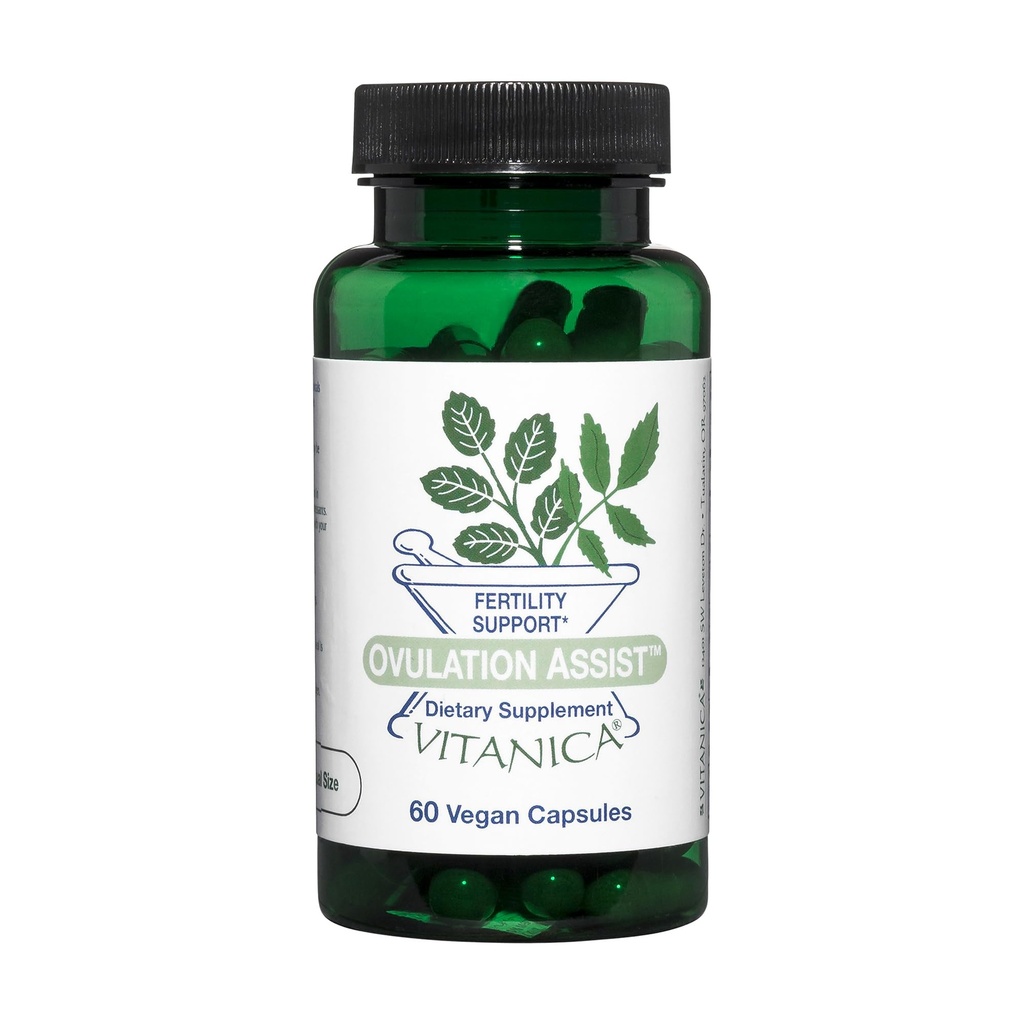 Vitanica Ovulation Assist - Ovarian Health & Adrenal Support con Rhodiola Rosea, Sacro Basilio, Tribulus Terrestris & Chaste Tree - Integratore Dietetico Erbelico - Pro Logo - 60 Vegan Caps