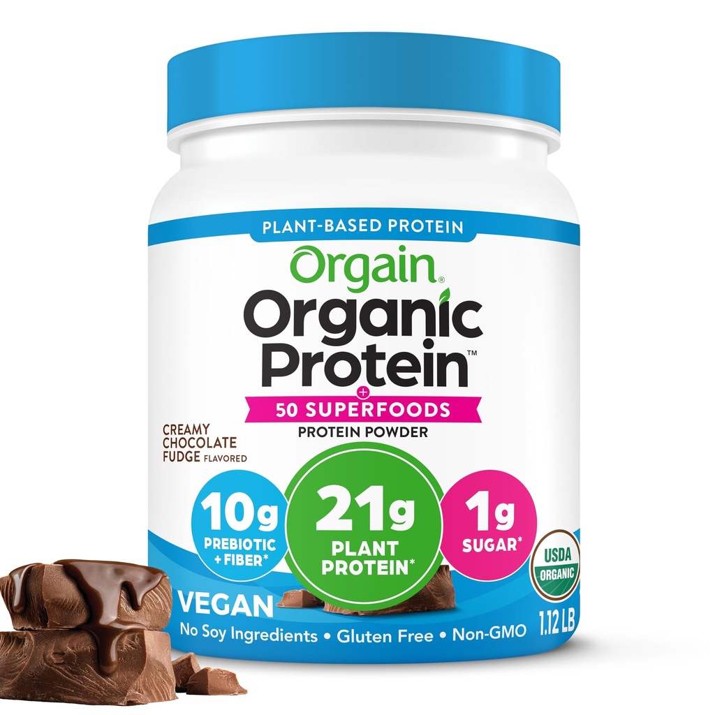 Protéines végétales organiques d'orgaine + 50 Superaliments Poudre, Chocolat crémeux Fudge - 21g Protéines végétales, 10g Fibres prébiotiques, Pas d'ingrédients de lactose, Sans gluten, Pas de sucre ajouté, Non-OGM, 1.12 lb