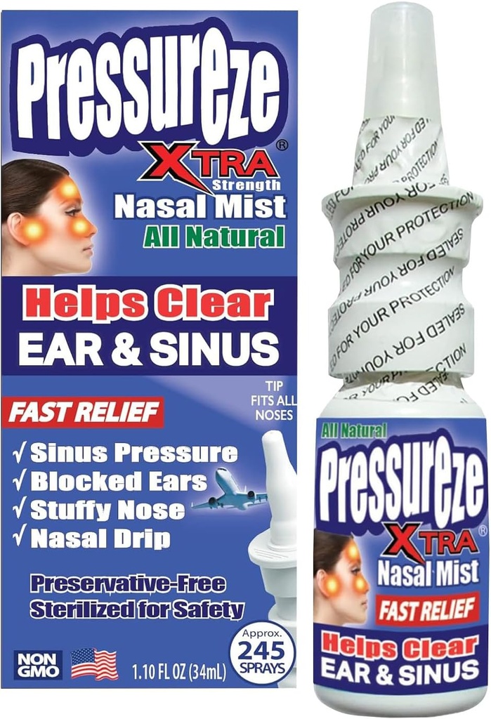 Druckze Xtra - Natürlich-schutzfrei - steriles Nasenspray - für Severe Sinus Congestion Relief - Öffnet blockierte Ohrkanäle, Snoring - 245 Sprays, 34 ml (Pack mit 1)