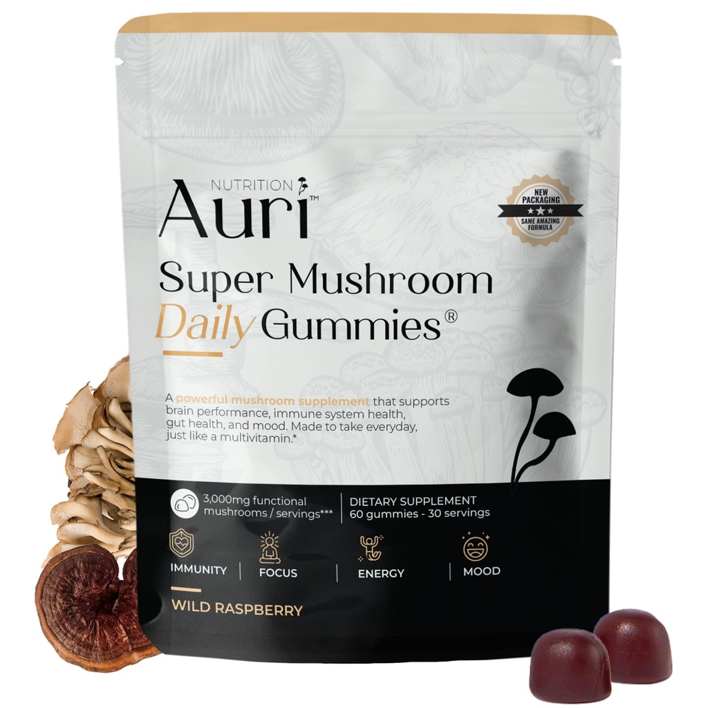 Auri Super Mushroom Daily Gummis - All-in-One Daily Mushroom Supplement Gummy - 12 Pilzmischung mit Chaga, Lions Mane, Reishi, Cordyceps - 60 Gummis