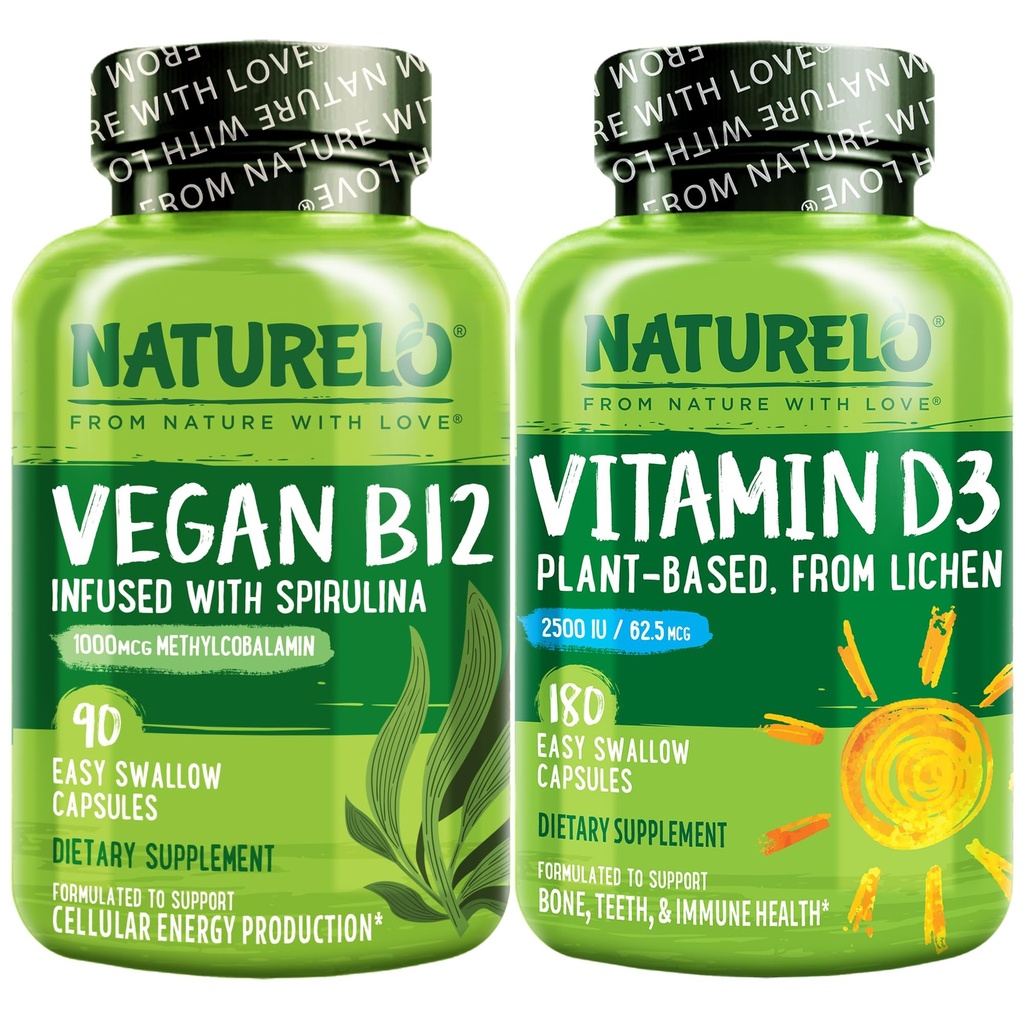 NATURELO Vitamine D - Plante à base de lichen - 180 Mini Capsules, Vegan B12, 1000 mcg de méthylcobalamine - 90 Capsules