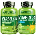 NATURELO Vitamine D - Plante à base de lichen - 180 Mini Capsules, Vegan B12, 1000 mcg de méthylcobalamine - 90 Capsules