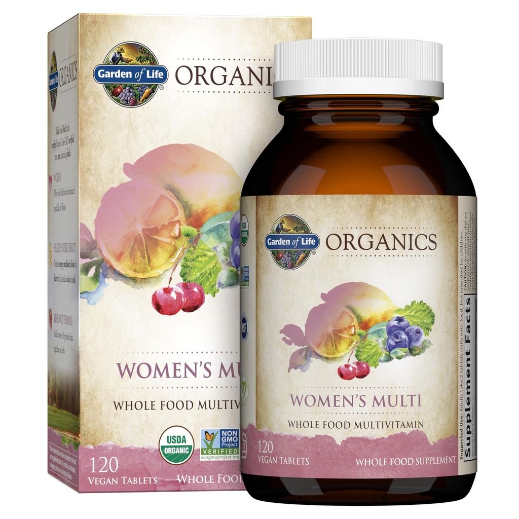 Jardin de la vie Organiques Multivitamines pour femmes, Femmes Multi avec Vitamine C, D, Folate, B6, B12, Biotine, Fer, Vitamines végétales entières pour femmes, Énergie, Peau, Nails, 120 Comprimés