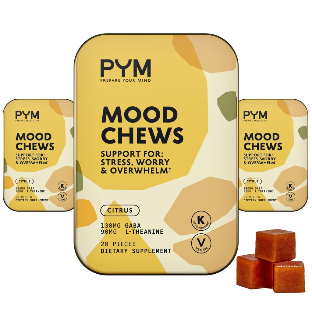PYM Citrus Mood Chews Support pour le stress, l'inquiétude et l'overwhelm, 60 Comte, 130mg GABA, 90mg L-Theanine, végétalien, non-OGM, sans gluten, sans sucre ajouté.