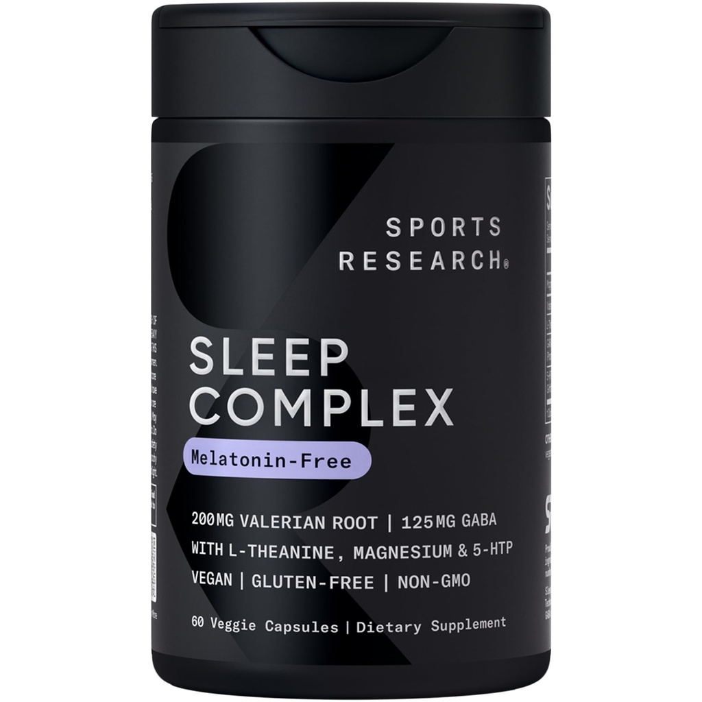 Sports Research® Sleep Complex - Capsules végétaliennes sans mélatonine - avec racine valériane, GABA, L-Theanine, Magnésium et 5-HTP - 30 portions