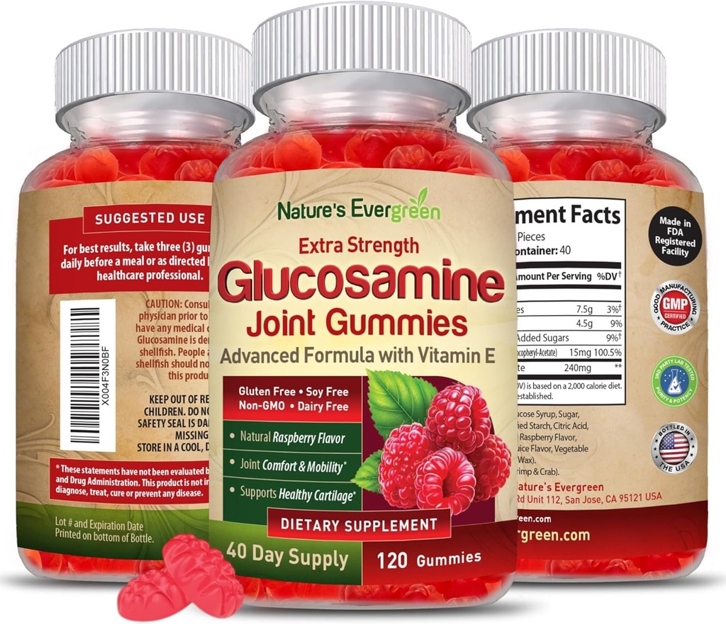 Supporto congiunto Glucosamina Extra Forza Integratore pancia | Supporto sanitario congiunto naturale & Flessibilità per schiena, ginocchio, & mani | Vitamina E per supporto immunitario per donne & uomini | 120 Gummies