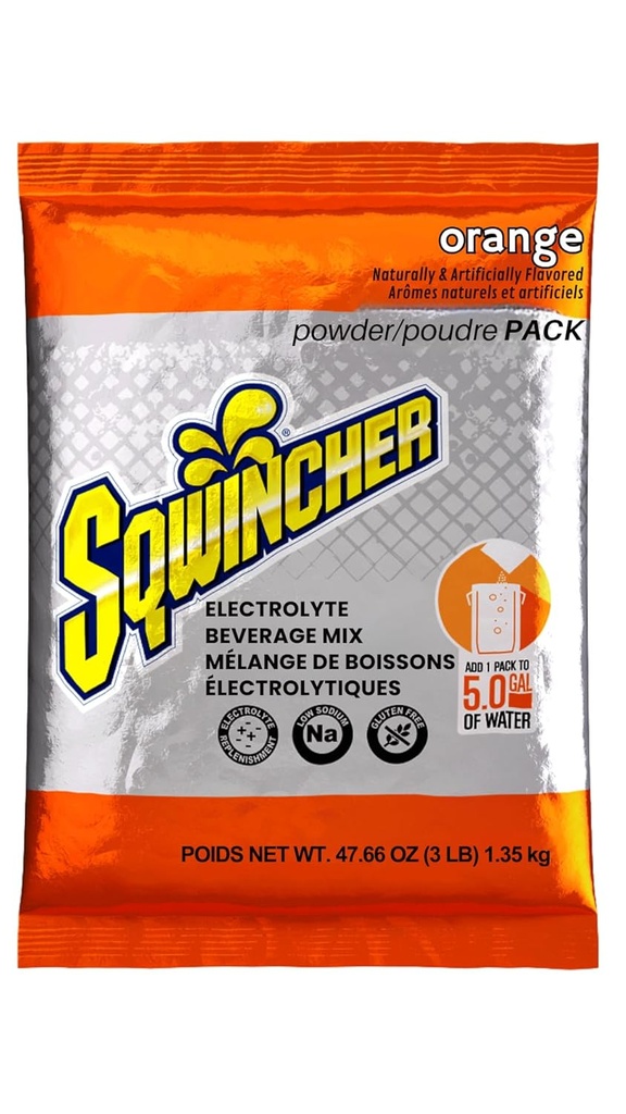 Sqwincher Powder Pack| Orange Flavored | Low Calorie | Low Sodium | Electrolyte Replenishment Hydration Drink Mix | Just Add to 5 Gallons of Water | 47.66 Unze Paket (Pack mit 16)
