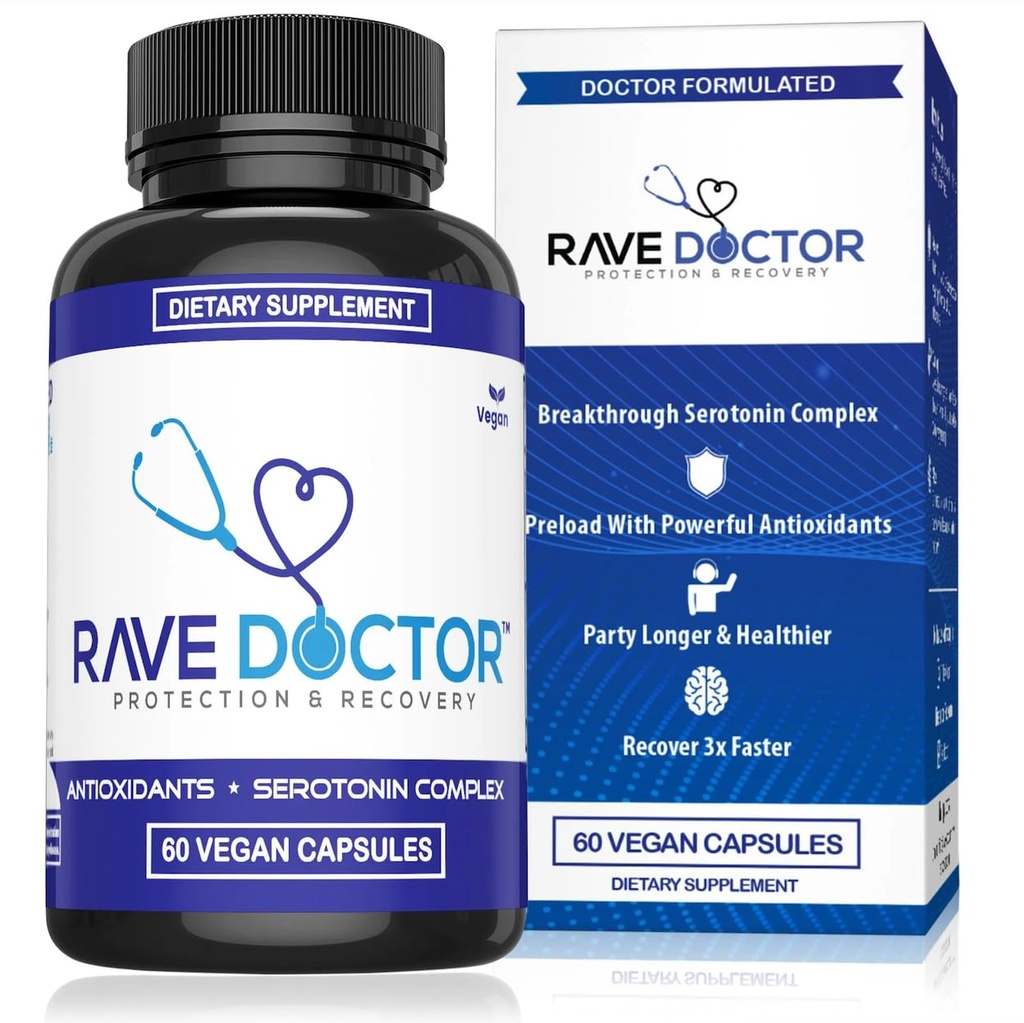 Rave Doctor 5 HTP Supplemento - Vitamine Rave essenziali per gli amanti del festival, Rave Accessori, Essenziale Festival, Ingranaggio Festival, Rave Essentials, 5htp Supplemento