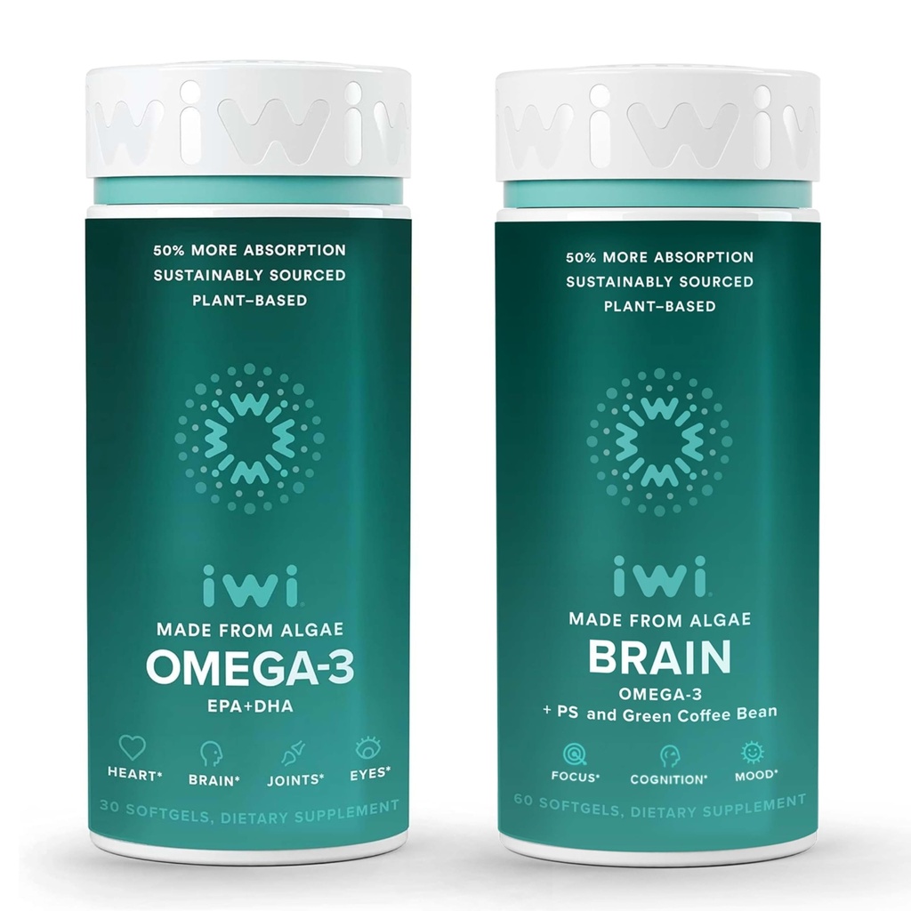 Iwi Omega-3 & Brain Omega-3 Bundle, 30 Servierungen, Vegan pflanzenbasierte Algen Omega 3 mit EPA + DHA, Krill & Fisch Öl Alternative, keine Fishy Nachgeschmack