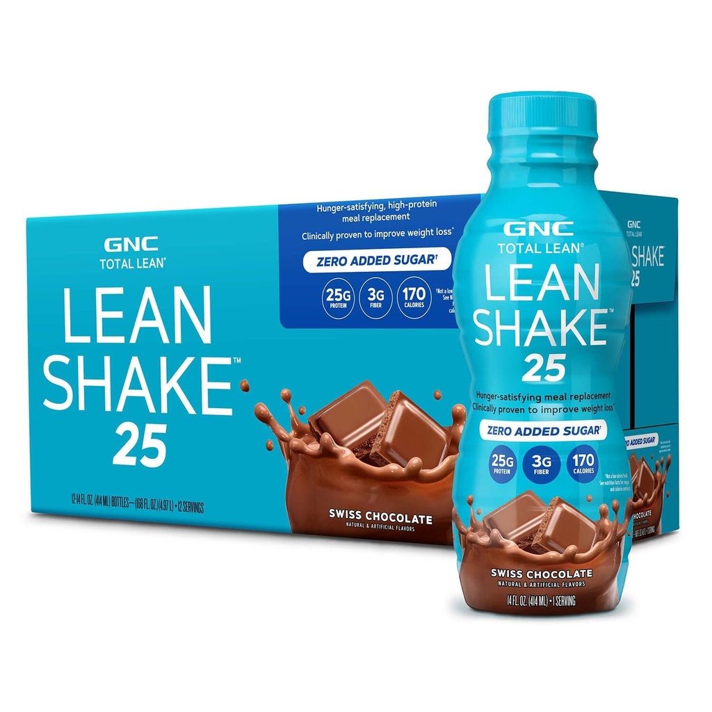 GNC Lean Shake 25 Protein Shake, Gestion du poids cliniquement prouvé, Remplacement des repas, 25g Protéine avec Zéro Sucre ajouté, Prêt à boire, Chocolat suisse, Paquet de 12