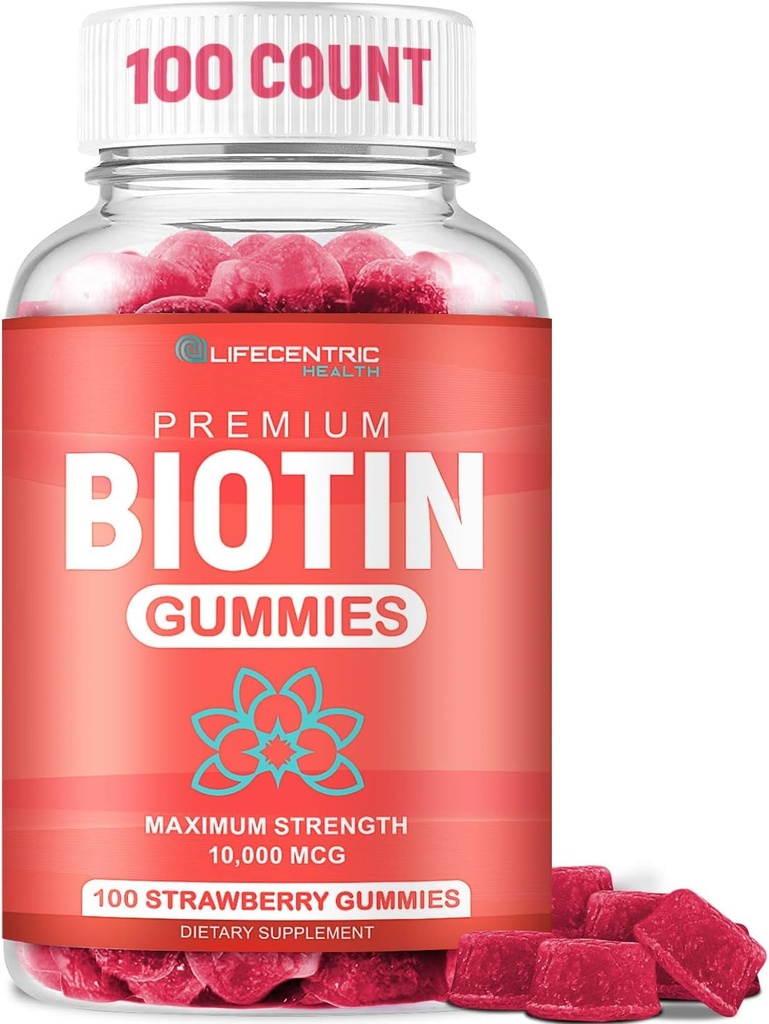 Biotin-Gummien für Haarwachstum | Max Strength Biotin 10000mcg verhindert Verdünnen und Verlusten | Kaubare Biotin-Ergänzung für Frauen Männer und Kinder | 100 Count Vegan Haargummis für Haar Haut und Nägel