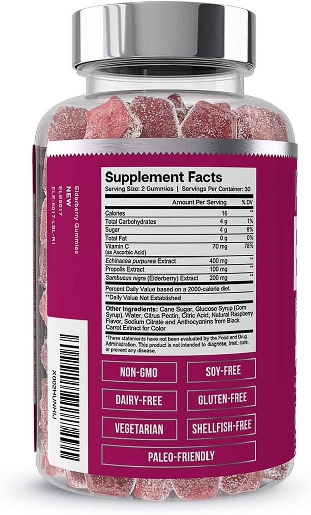 Essential Elements Elderberry Gummies für Erwachsene - 4-in-1 Immununterstützung Formel mit Sambucus nigra, Vitamin C, Echinacea, Propolis Extract 60 Count