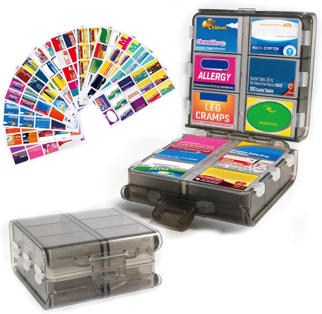 Grand organisateur de pilules avec étiquettes de médicaments, distributeur de pilules 12-Compartment Travel Medice Storage Case, boîte à pilules de 7 jours pour les vitamines et suppléments (Grey, 161 étiquettes)