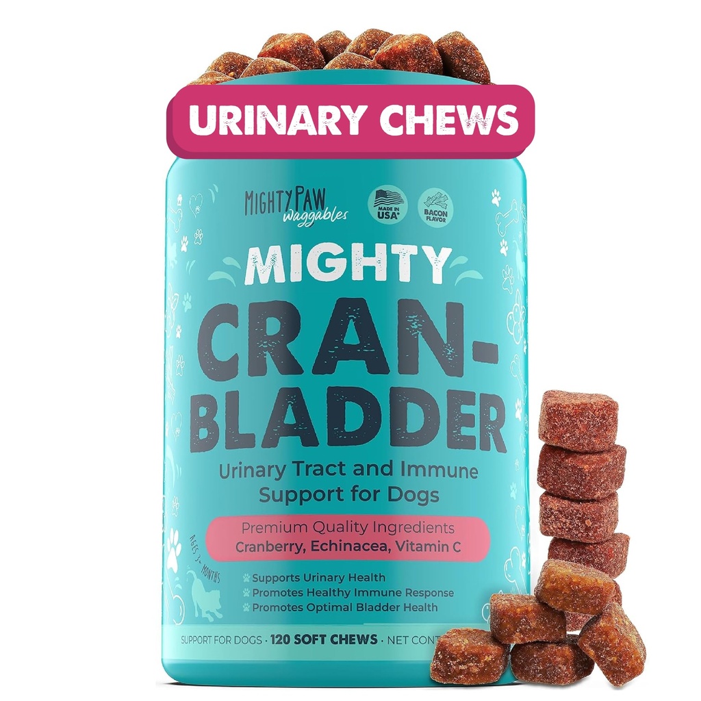 Mighty Paw Waggables Cran-Bladder (Made in the USA) | Vet Formulated Cranberry Supplemento per cani – Cranberry Chews for Dogs, Urinary Tract & Bladder Support, Bacon Flavored, 120 Soft Chews