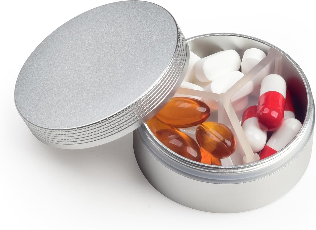 Small Pill Case 3 Komponenten, Metall Runde Tragbare Pille Box, Wasserdichte Reise Pille Organizer, Pocket Purse Medizin Vitamin Holder EDC Container (Silber)