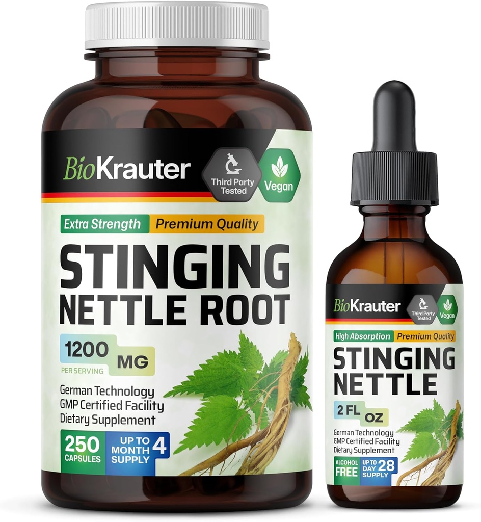 BIO KRAUTER Stinging Nettle 250 Capsules & Stinging Nettle Tincture 2 Fl. Oz.